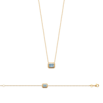 Collier en plaqué or, oxydes de zirconium et pierre synthétique, 45cm