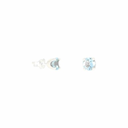 Boucles d'oreilles puces en or blanc et aigue marine , 4mm