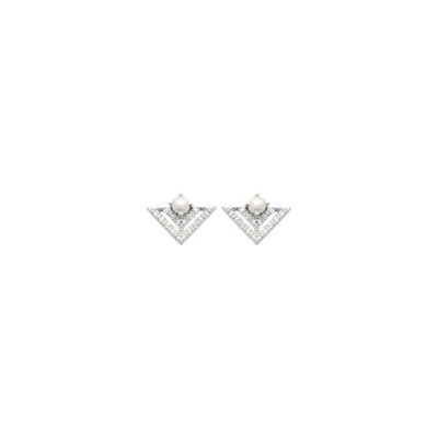 Boucles d'oreilles en argent rhodié, perles de culture et oxydes de zirconium