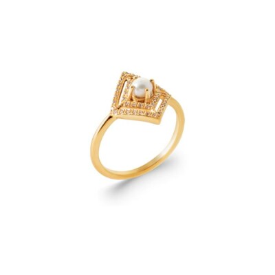 Bague en plaqué or, perle de culture et oxyde de zirconium