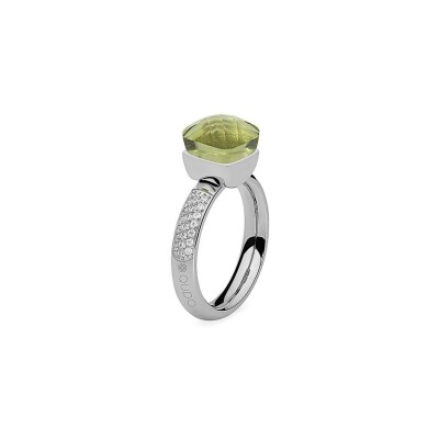 Bague QUDO Firenze en acier et pierre de couleur olivine, taille 52