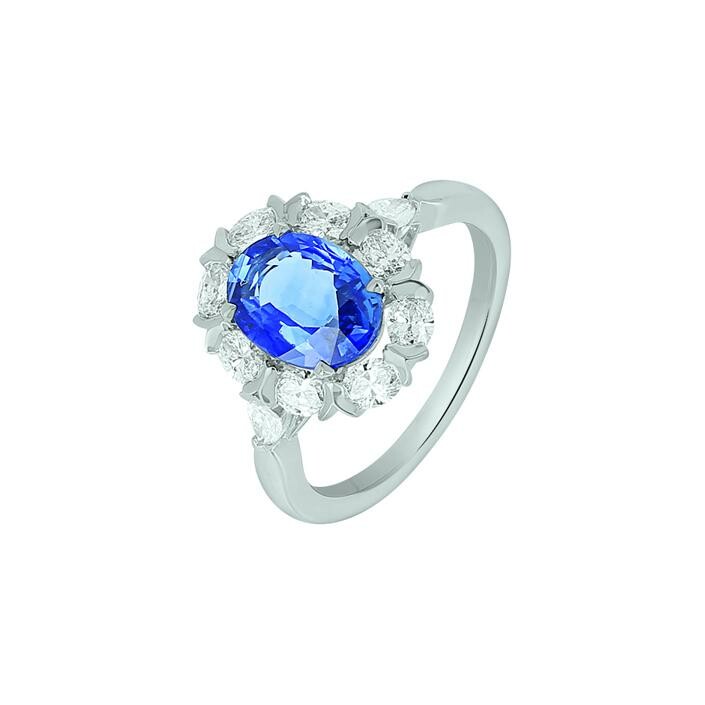 Bague Ph.Tisseront en or blanc, diamants taille ovale et saphir bleu, taille 52