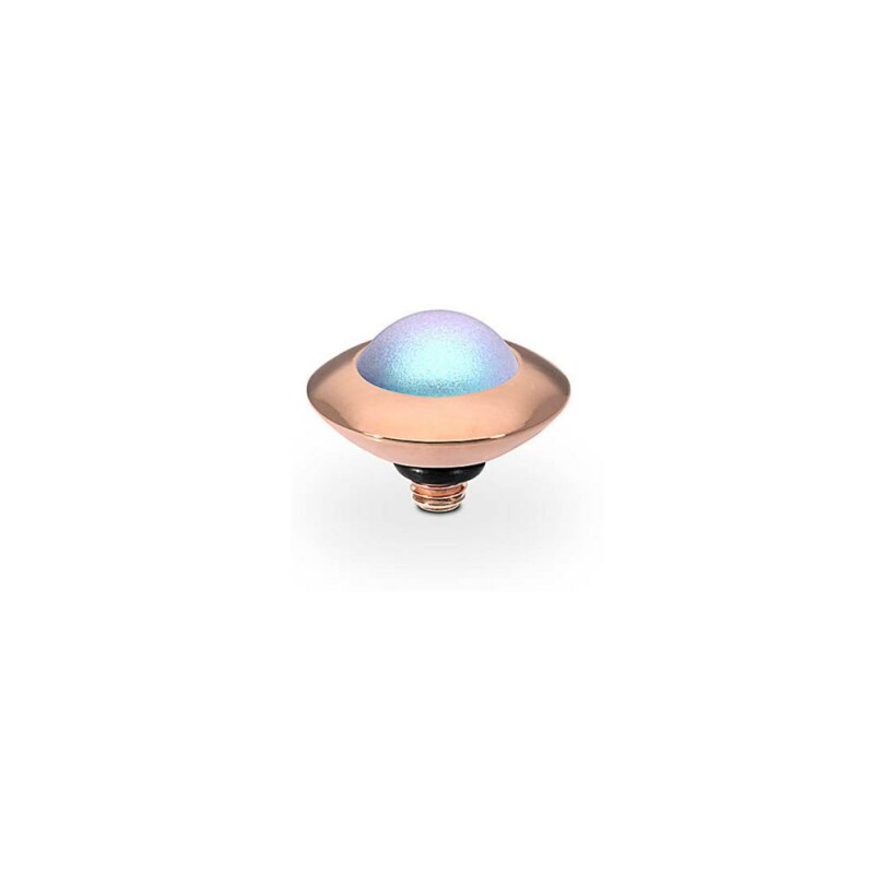 Top QUDO Tondo en métal doré rose et pierre de couleur iridescent light blue pearl