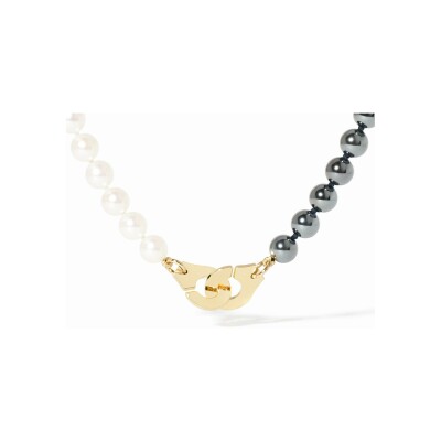 Collier Menottes dinh van en or jaune, perles d'eau douce, hématites