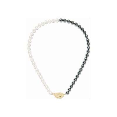 Collier Menottes dinh van en or jaune, perles d'eau douce, hématites
