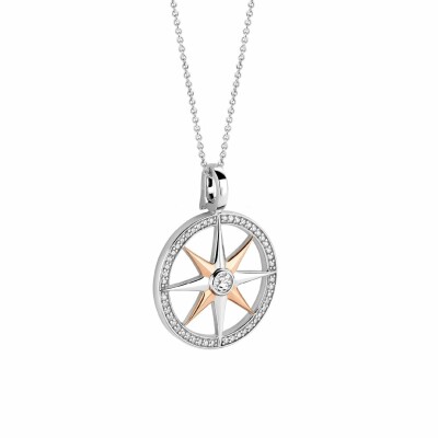 Pendentif Ti Sento en argent doré rose et oxydes de zirconium, bicolore, forme boussole