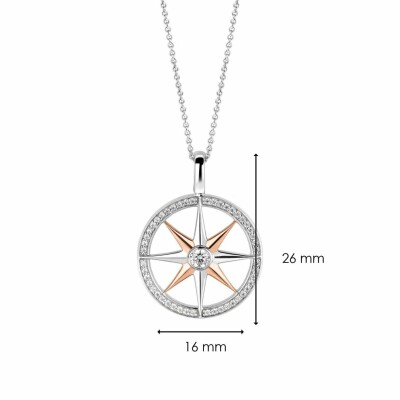 Pendentif Ti Sento en argent doré rose et oxydes de zirconium, bicolore, forme boussole