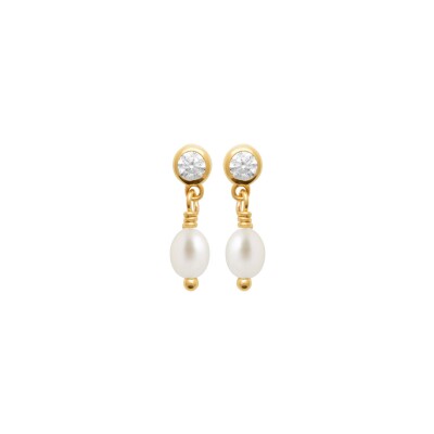 Boucles d'oreilles en plaqué or, perles de culture et oxydes de zirconium