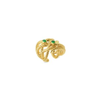 Bague Collection Constance Caducee en plaqué or et agate verte, taille 54