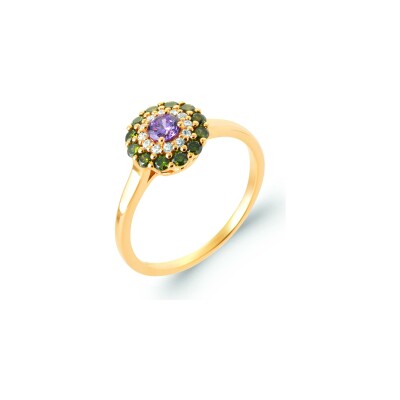 Bague en plaqué or, oxyde de zirconium et pierre naturelle