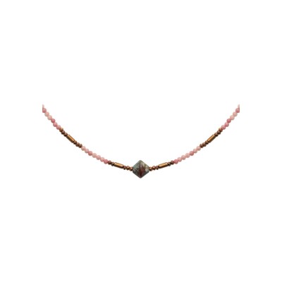 Collier en acier pvd doré et rhodonite