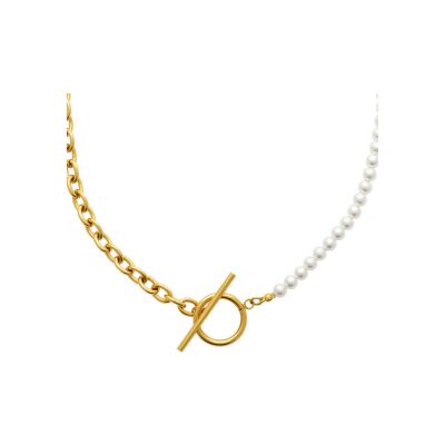 Collier en acier pvd doré et perle d'imitation
