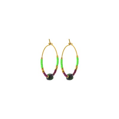 Boucles d'oreilles créoles en acier pvd doré et pierre de couleur