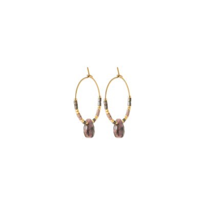 Boucles d'oreilles créoles en acier pvd doré et rhodonite