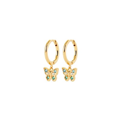 Boucles d'oreilles créoles en plaqué or, oxyde de zirconium et pierre naturelle