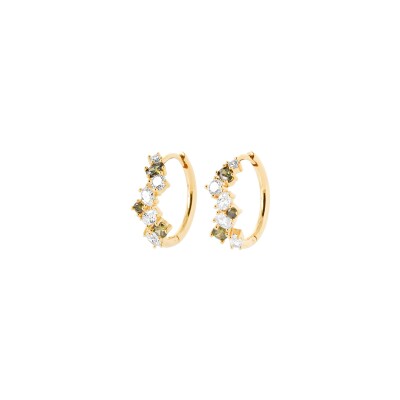 Boucles d'oreilles créoles en plaqué or, oxyde de zirconium et pierre naturelle