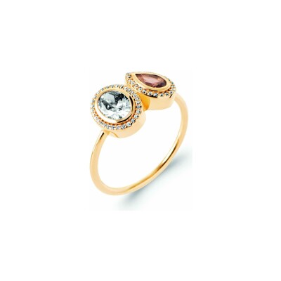 Bague en plaqué or, pierre synthétique et oxyde de zirconium
