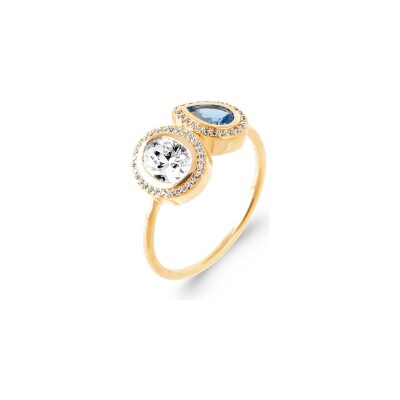 Bague en plaqué or, pierre synthétique et oxyde de zirconium