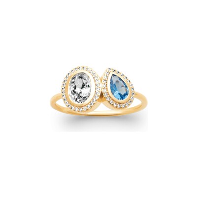 Bague en plaqué or, pierre synthétique et oxyde de zirconium