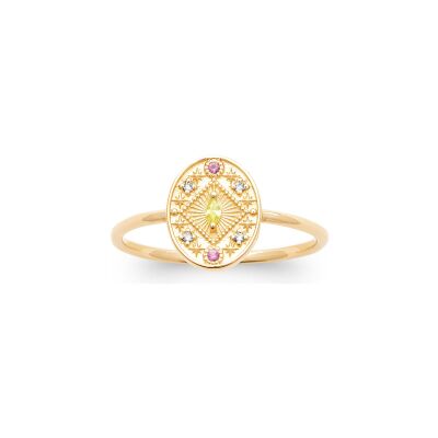 Bague en plaqué or, pierre synthétique et oxyde de zirconium