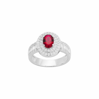 Bague en argent, spinelle rouge et oxydes de zirconium