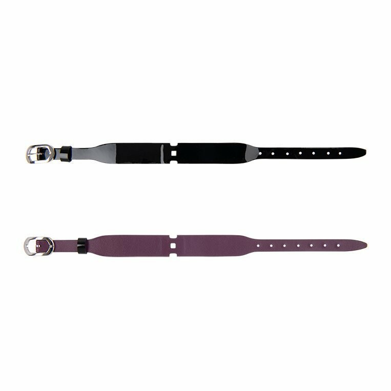 Bracelet de montre Les Georgettes Couture en cuir noir vernis / violine, boucle acier, largeur 14mm