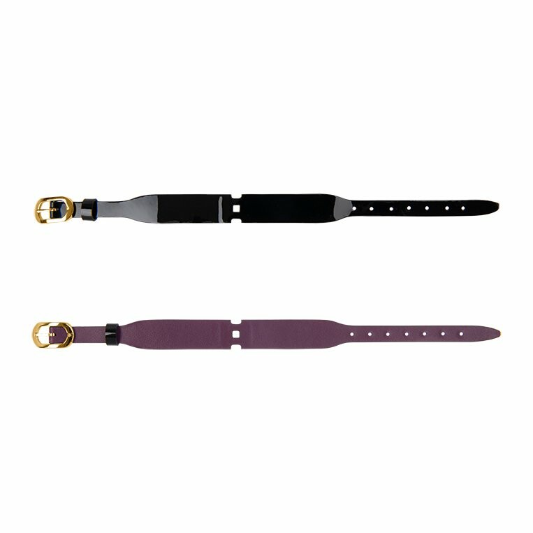 Bracelet de montre Les Georgettes Couture en cuir noir vernis / violine, boucle dorée, largeur 14mm