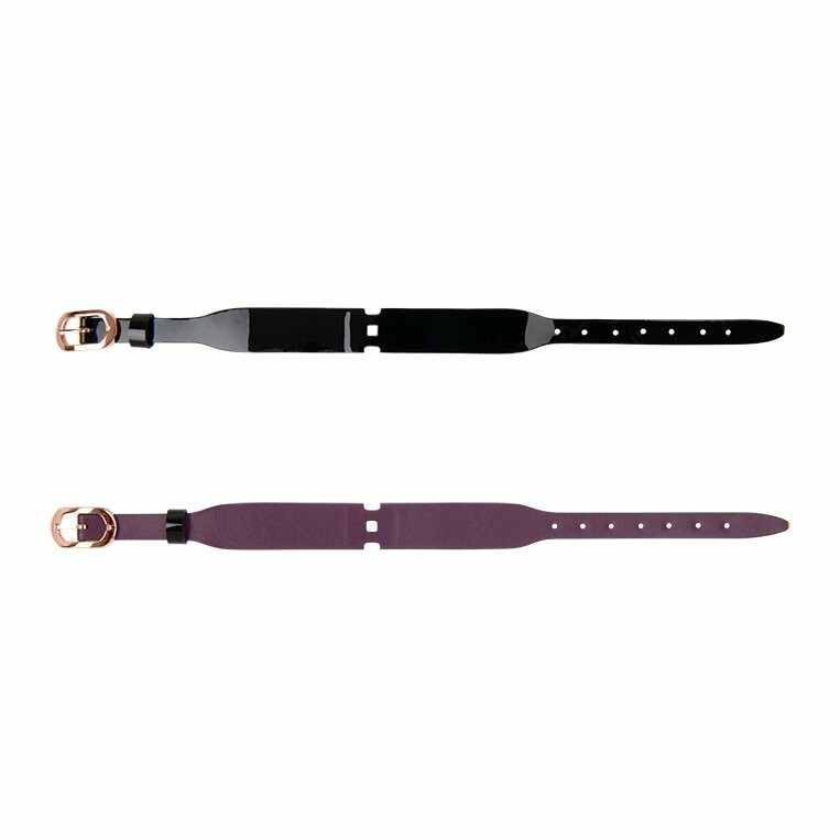 Bracelet de montre Les Georgettes Couture en cuir noir vernis / violine, boucle plaquée or rose, largeur 14mm