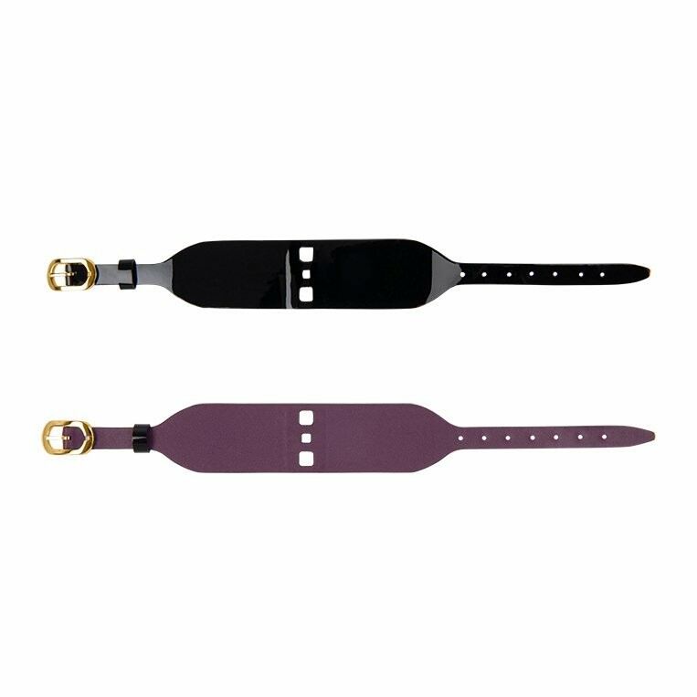 Bracelet de montre Les Georgettes Couture en cuir noir vernis / violine, boucle dorée, largeur 25mm