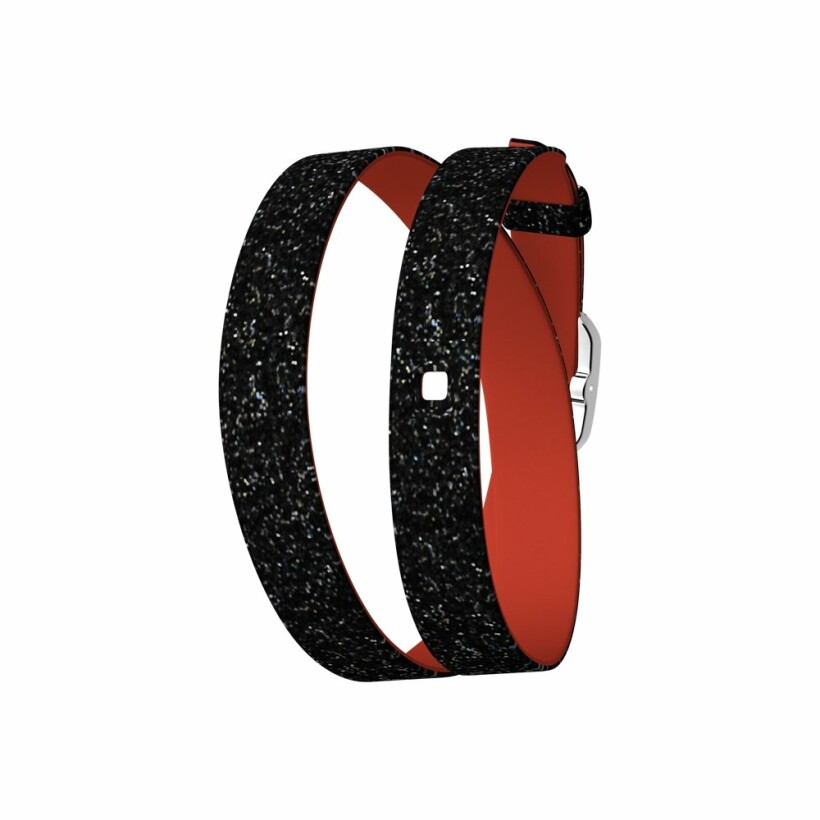Bracelet de montre double tour Les Georgettes Les Coutures en cuir paillettes noires/rouge