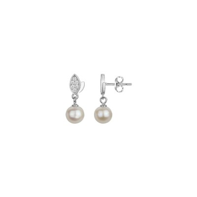 Boucles d'oreilles en argent, oxydes de zirconium et perles d'eau douce