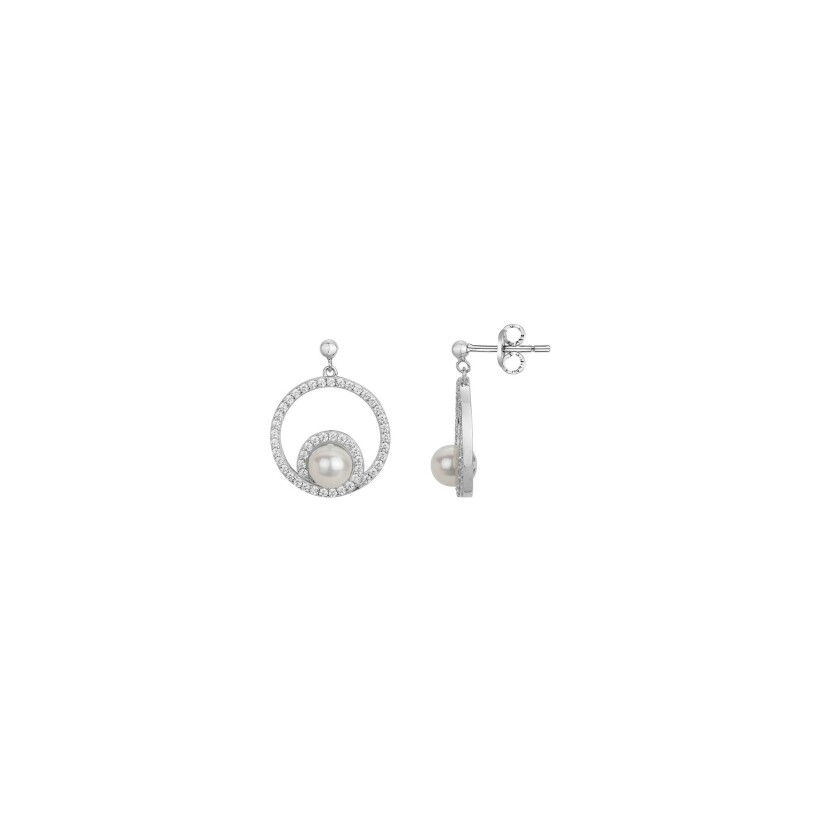 Boucles d'oreilles en argent, oxydes de zirconium et perles d'eau douce