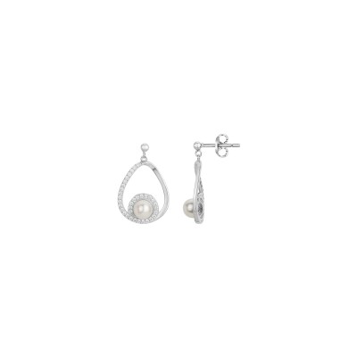 Boucles d'oreilles en argent, oxydes de zirconium et perles d'eau douce