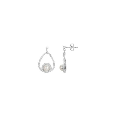 Boucles d'oreilles en argent, oxydes de zirconium et perles d'eau douce