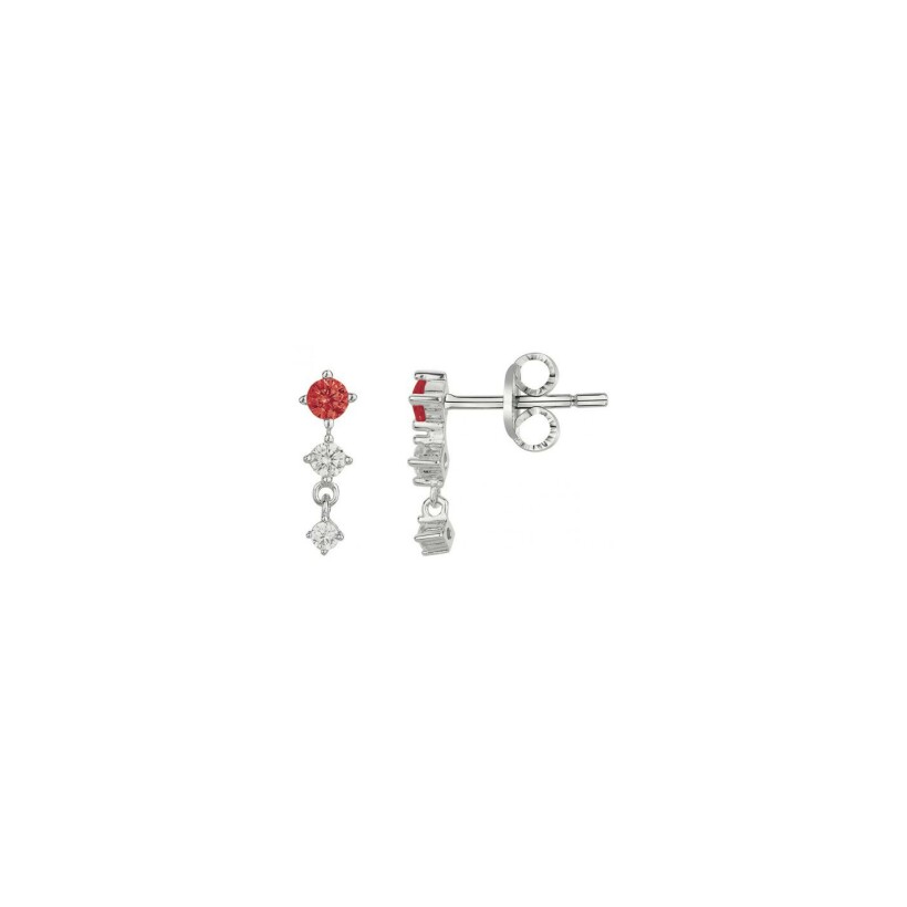 Boucles d'oreilles en argent, spinelle synthétique rouge et oxydes de zirconium