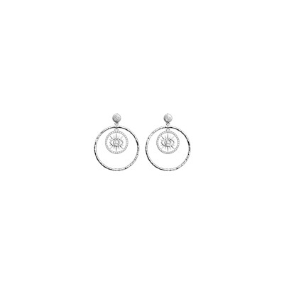 Boucles d'oreilles Les Georgettes Oeil en laiton finition argentée et oxydes de zirconium, 16/32mm