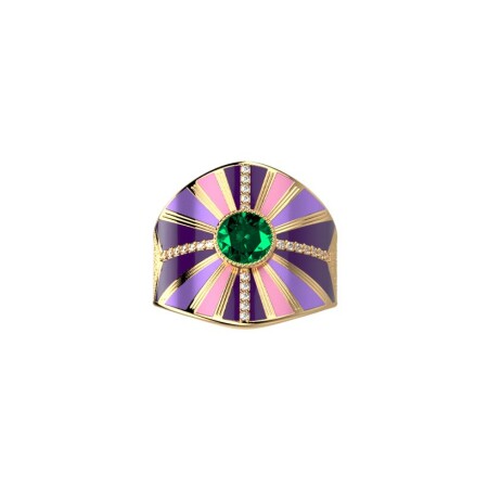 Bague extra large Les Cadettes Sunrise en laiton finition dorée, laque et oxydes de zirconium, taille 56