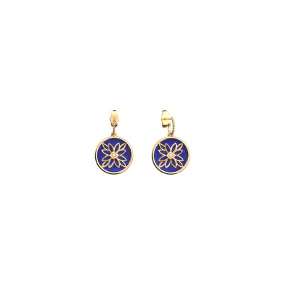 Boucles d'oreilles pendantes Les Georgettes Porte-Bonheur Fleur en laiton finition dorée et lapis lazuli