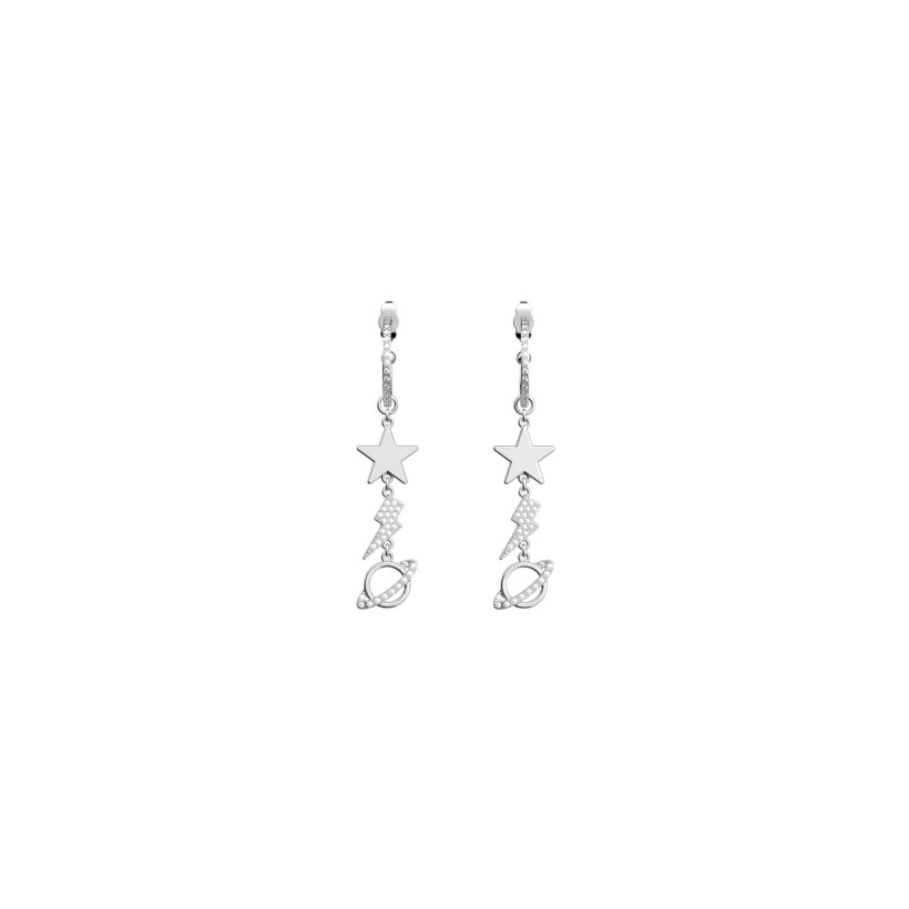 Boucles d'oreilles pendantes Les Cadettes Cosmos en laiton finition argentée et oxydes de zirconium