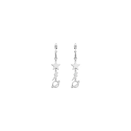 Boucles d'oreilles pendantes Les Cadettes Cosmos en laiton finition argentée et oxydes de zirconium