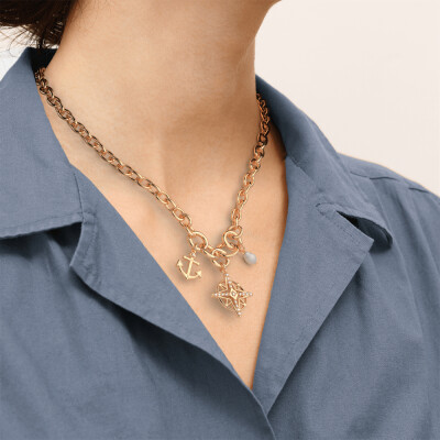 Collier Les Georgettes Rose des Vents en laiton, oxydes de zirconium et perles, 16mm