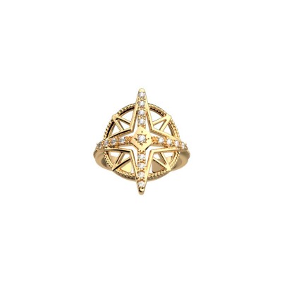 Bague Les Georgettes Rose des Vents en laiton finition dorée et oxydes de zirconium, taille 58, 16mm