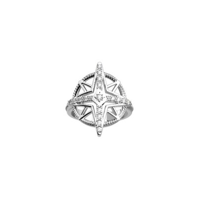 Bague Les Georgettes Rose des Vents en laiton finition argentée et oxydes de zirconium, taille 54, 16mm