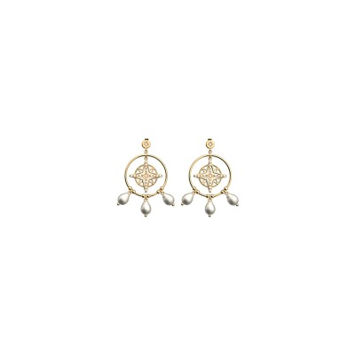 Boucles d'oreilles Les Georgettes Rose des Vents en laiton, oxydes de zirconium et perles, 16mm