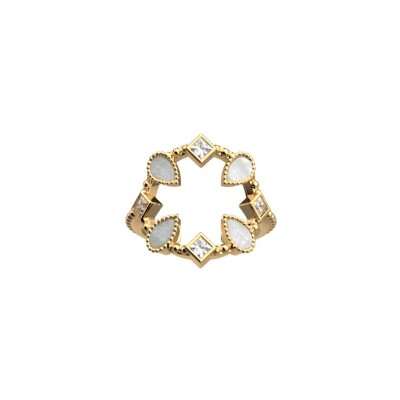 Bague Les Georgettes Constance en laiton finition dorée, nacre blanche et oxydes de zirconium, taille 56, 16mm
