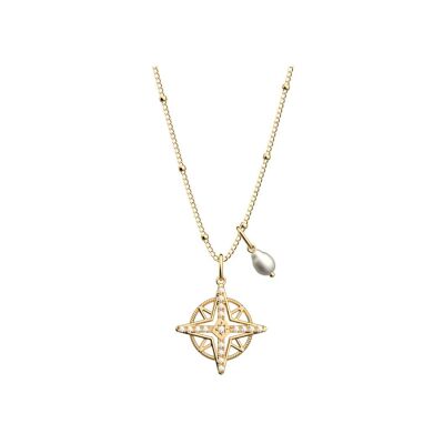 Collier Les Georgettes Rose des Vents en laiton, oxydes de zirconium et perles, 16mm