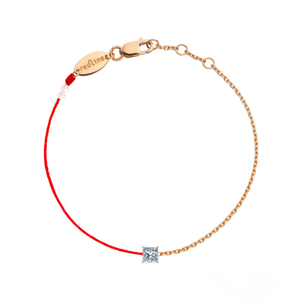 Bracelet RedLine Royal fil rouge et chaîne avec diamant princesse 0.12 carat monté en griffe or rose