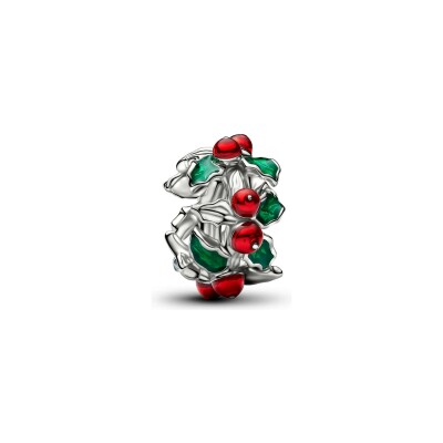 Charm Pandora Moments Houx de Noël en métal plaqué platine et émail