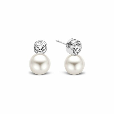 Boucles d'oreilles Ti Sento en argent rhodié, oxydes de zirconium et perles Swarovski, sertis clos 