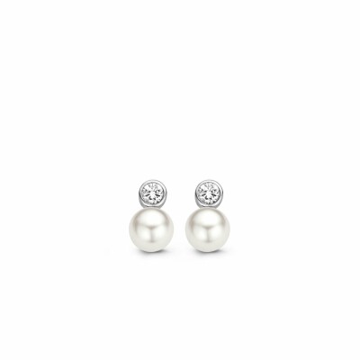 Boucles d'oreilles Ti Sento en argent rhodié, oxydes de zirconium et perles Swarovski, sertis clos 